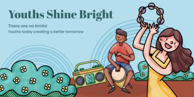 Blog header template with happy youth fun concept,watercolor styl