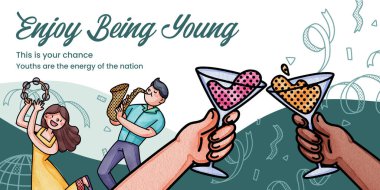 Blog header template with happy youth fun concept,watercolor styl