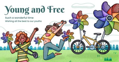 Facebook template with happy youth fun concept,watercolor styl