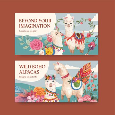 Twitter template with cute boho alpaca concept,watercolor styl