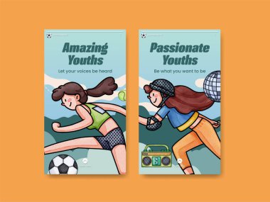 Instagram template with happy youth fun concept,watercolor styl