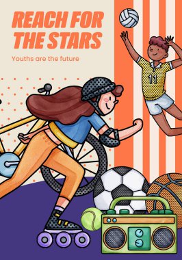 Poster template with happy youth fun concept,watercolor styl