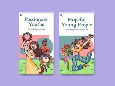 Instagram template with happy youth fun concept,watercolor styl