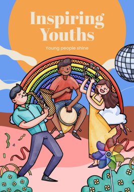 Poster template with happy youth fun concept,watercolor styl