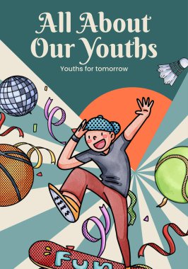 Poster template with happy youth fun concept,watercolor styl