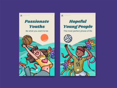 Instagram template with happy youth fun concept,watercolor styl