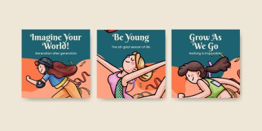 Banner template with happy youth fun concept,watercolor styl
