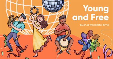 Facebook template with happy youth fun concept,watercolor styl