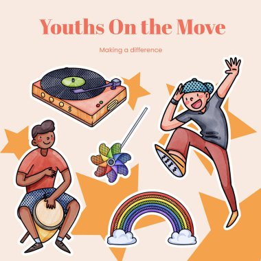 Sticker template with happy youth fun concept,watercolor styl
