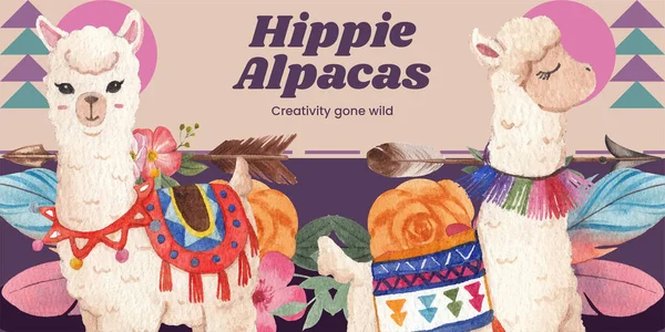 Blog Header Template Cute Boho Alpaca Concept Watercolor Styl — 图库矢量图片