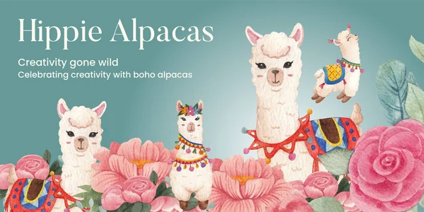 Blog Header Template Cute Boho Alpaca Concept Watercolor Styl — Wektor stockowy