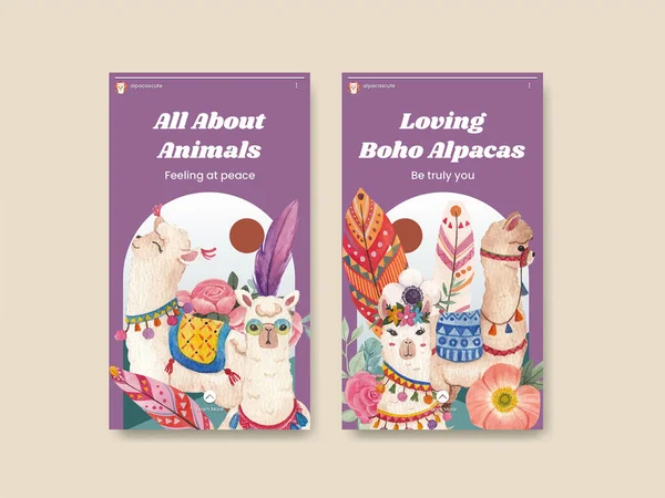 Instagram template with cute boho alpaca concept,watercolor styl