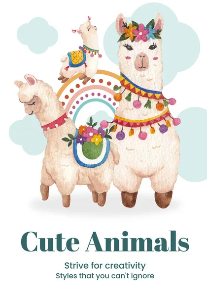 Poster Template Cute Boho Alpaca Concept Watercolor Styl — Stockvektor