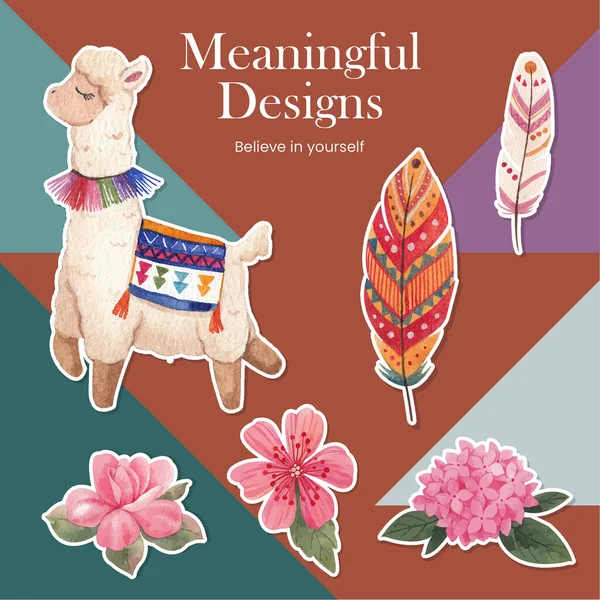 Sticker template with cute boho alpaca concept,watercolor styl