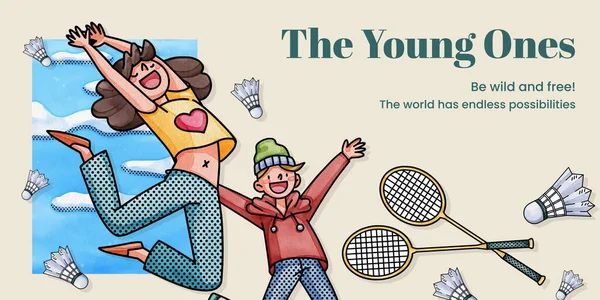 Blog header template with happy youth fun concept,watercolor styl