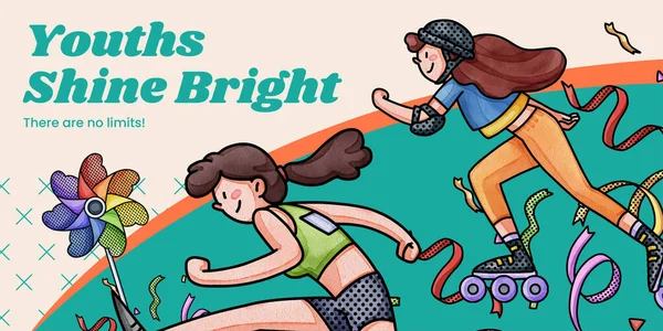 Blog header template with happy youth fun concept,watercolor styl