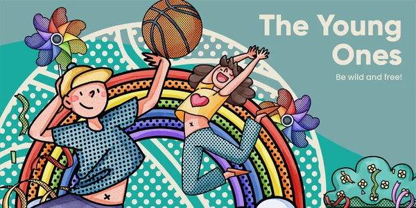 Blog header template with happy youth fun concept,watercolor styl