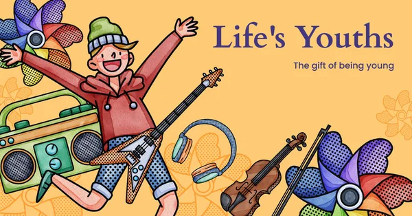 Facebook template with happy youth fun concept,watercolor styl