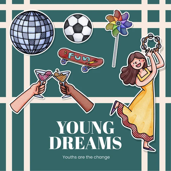 Sticker template with happy youth fun concept,watercolor styl
