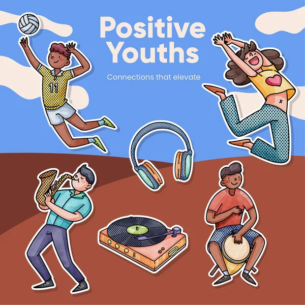 Sticker template with happy youth fun concept,watercolor styl