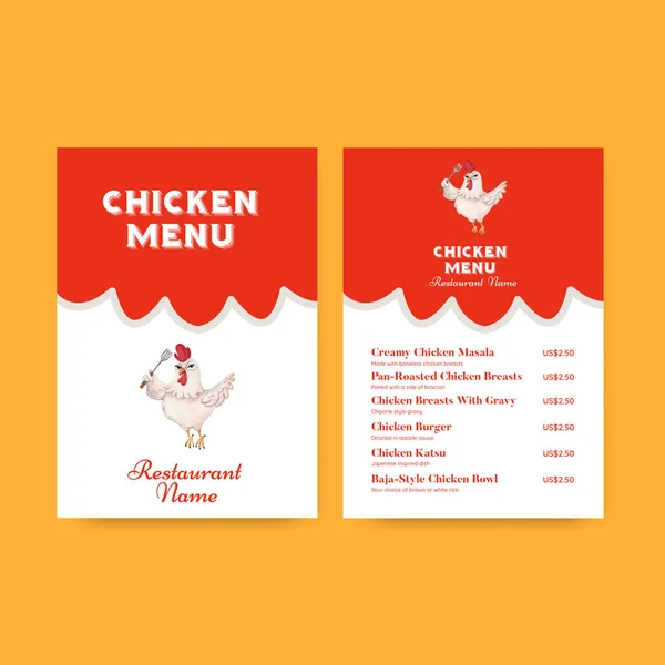 Menu Template Chicken Farm Food Concept Watercolor Styl — Vetor de Stock