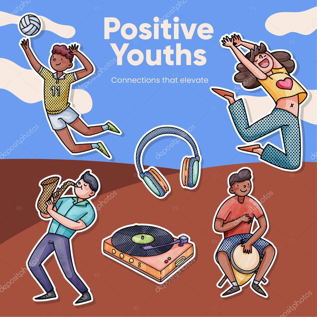 Sticker template with happy youth fun concept,watercolor styl
