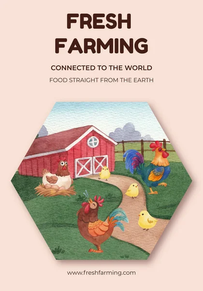 Poster Template Chicken Farm Food Concept Watercolor Styl — Vector de stock