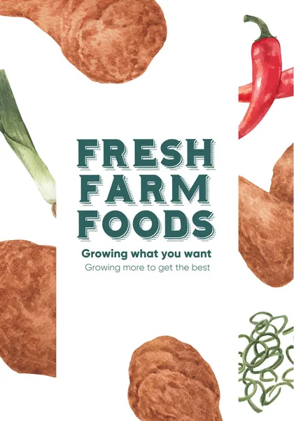 Poster Template Chicken Farm Food Concept Watercolor Styl — Vector de stock