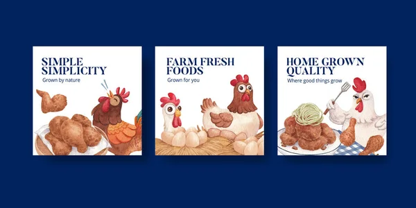 Banner Template Chicken Farm Food Concept Watercolor Styl — Vettoriale Stock