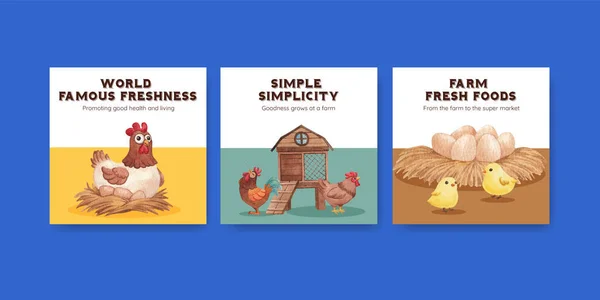 Banner Template Chicken Farm Food Concept Watercolor Styl — Vector de stock