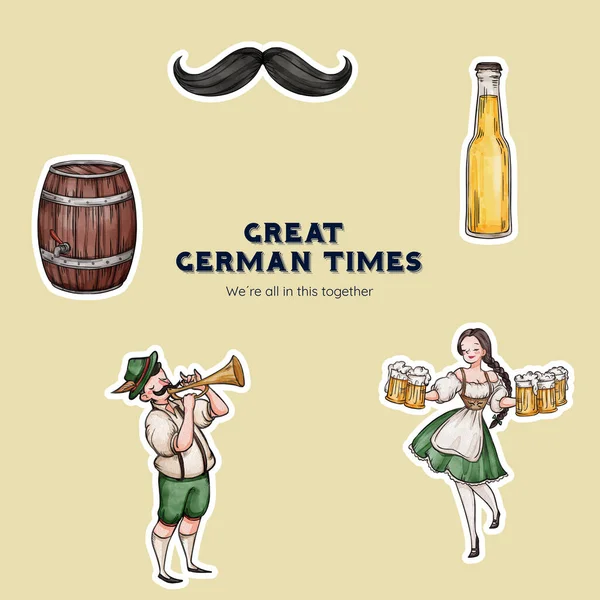 Sticker Template Oktoberfest Festive Concept Watercolor Styl — Vector de stock