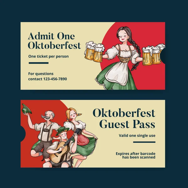 Ticket Template Oktoberfest Festive Concept Watercolor Styl — Stock Vector