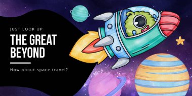 Blog header template with kids explore galaxy concept,watercolor style