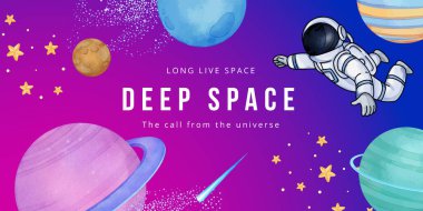 Blog header template with kids explore galaxy concept,watercolor style