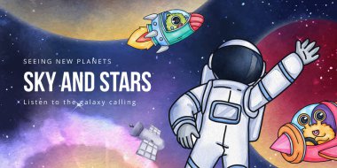 Blog header template with kids explore galaxy concept,watercolor style