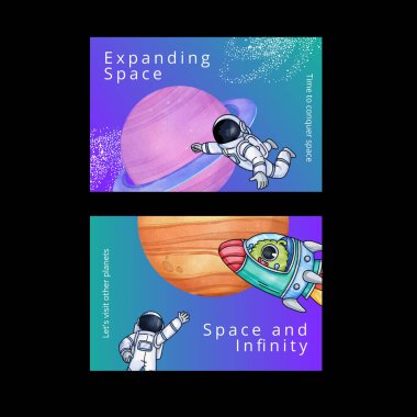 Facebook template with kids explore galaxy concept,watercolor styl