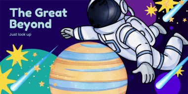 Blog header template with kids explore galaxy concept,watercolor style