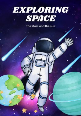 Poster template with kids explore galaxy concept,watercolor styl
