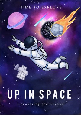 Poster template with kids explore galaxy concept,watercolor styl