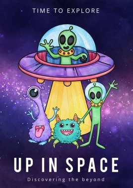 Poster template with kids explore galaxy concept,watercolor styl