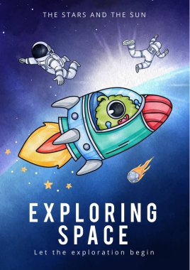 Poster template with kids explore galaxy concept,watercolor styl