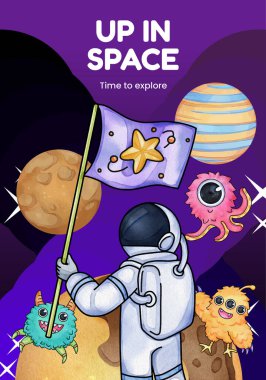 Poster template with kids explore galaxy concept,watercolor styl