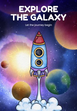 Poster template with kids explore galaxy concept,watercolor styl