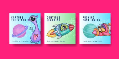 Banner template with kids explore galaxy concept,watercolor styl