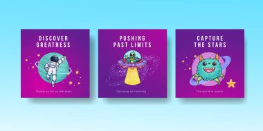 Banner template with kids explore galaxy concept,watercolor styl