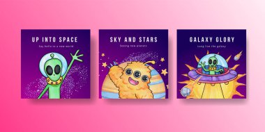 Banner template with kids explore galaxy concept,watercolor styl