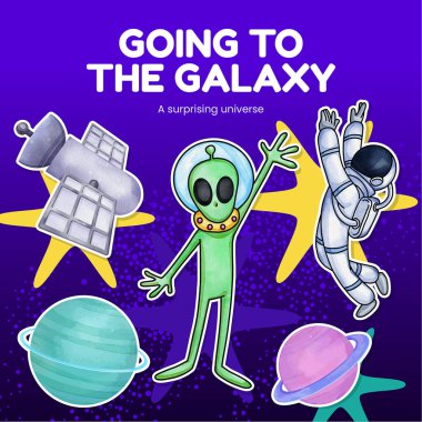 Sticker template with kids explore galaxy concept,watercolor styl