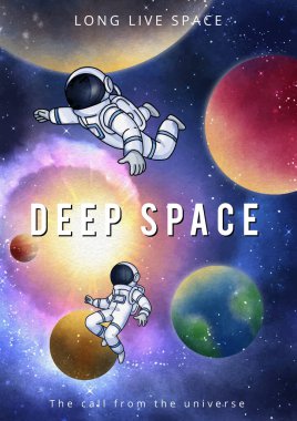 Poster template with kids explore galaxy concept,watercolor styl