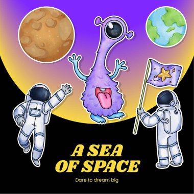 Sticker template with kids explore galaxy concept,watercolor styl