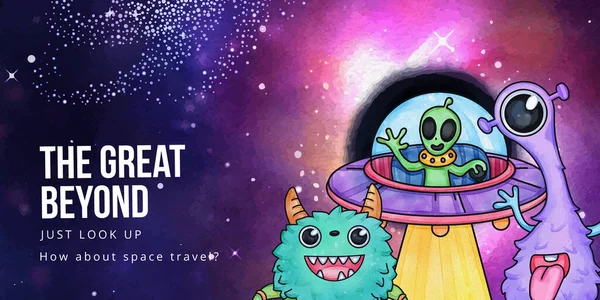 Blog header template with kids explore galaxy concept,watercolor style